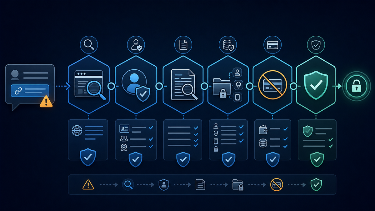 Online task link verification workflow from URL inspection through operator and payment checks